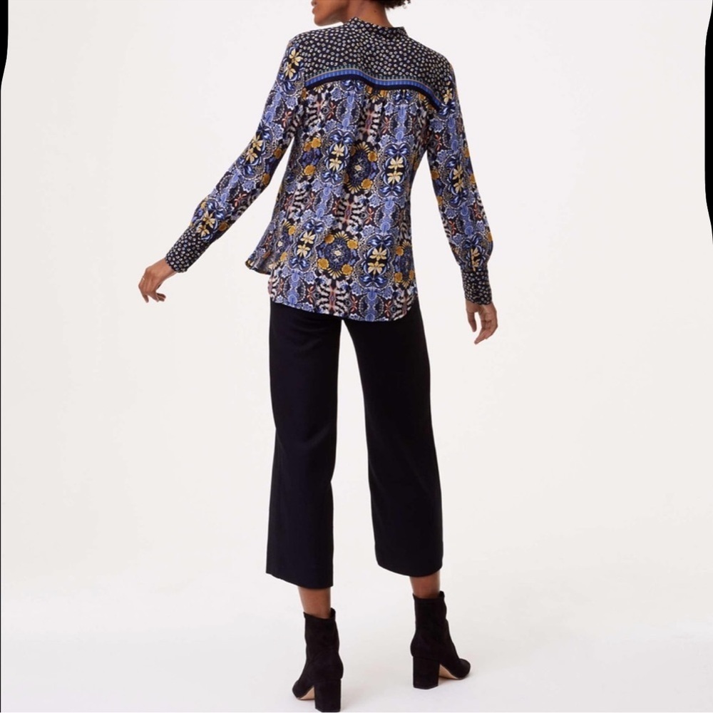 LOFT Autumn Dream Henley Blouse M - Bold Mixed Print, High-Low Hem - Picture 4 of 8